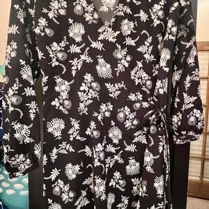 LOFT Black and White Floral Wrap Dress